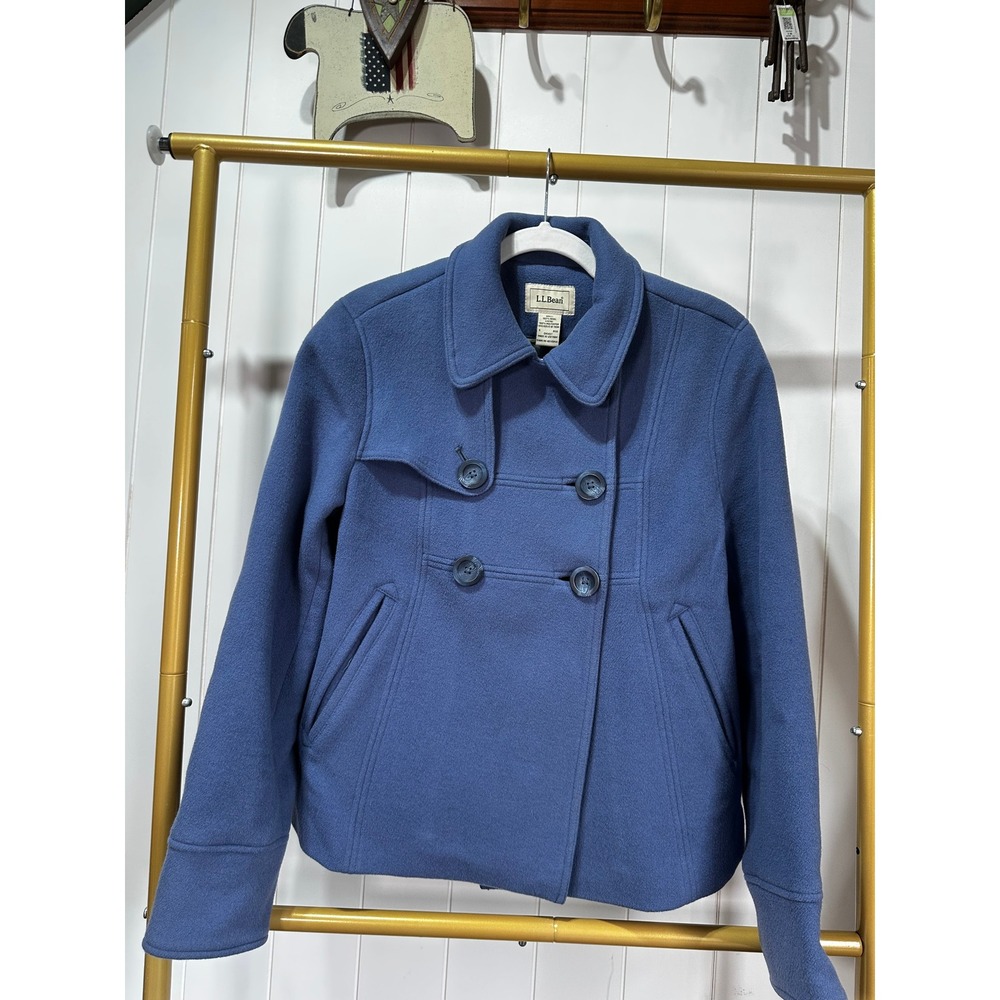 LL Bean Womens Blue Wool Blend Double Breasted Pea Coat Jacket Size Small